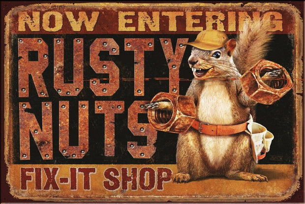 RUSTY NUTSY FIX-IT SHOP Vintage Retro Rustic Garage Man Cave Plaques Metal Sign