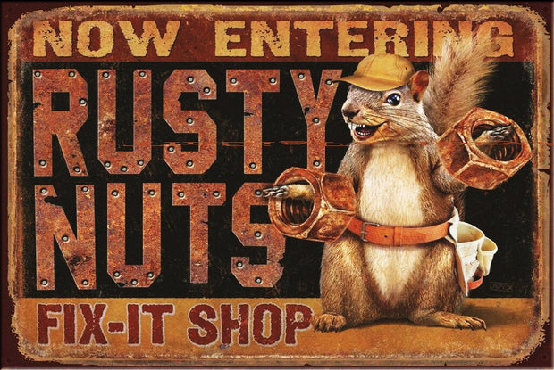 RUSTY NUTSY FIX-IT SHOP Vintage Retro Rustic Garage Man Cave Plaques Metal Sign