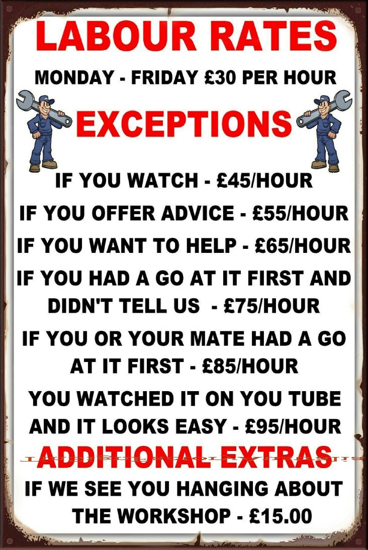 LABOUR RATE EXCEPTIONS Vintage Retro Rustic Shed Garage Man Cave Metal Sign