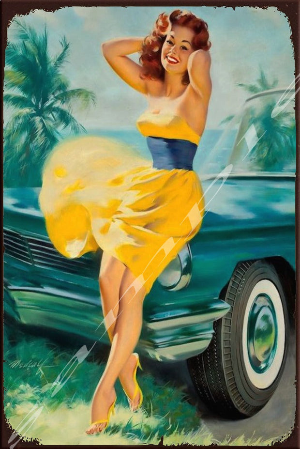 LADY IN YELLOW DRESS Retro/ Vintage Home Décor, Shed-Garage and Bar Tin Metal Sign
