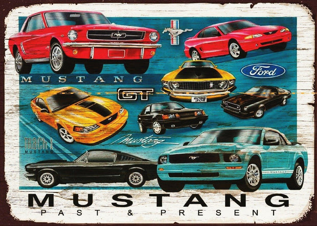 MUSTANG CHRONOLOGY-PAST & PRESENT Retro Rustic Look Vintage Tin Metal Sign Man Cave, Shed-Garage, and Bar
