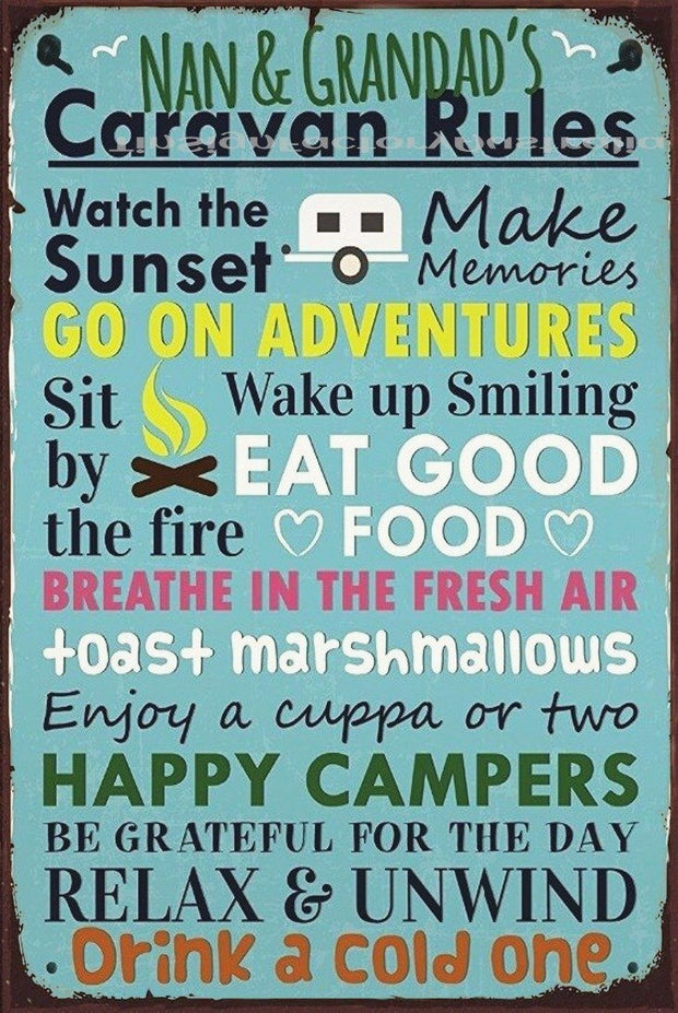 NAN & GRANDAD'S CARAVAN RULES Rustic Retro/Vintage Home Garage Wall Café Resto or Bar Tin Metal Sign