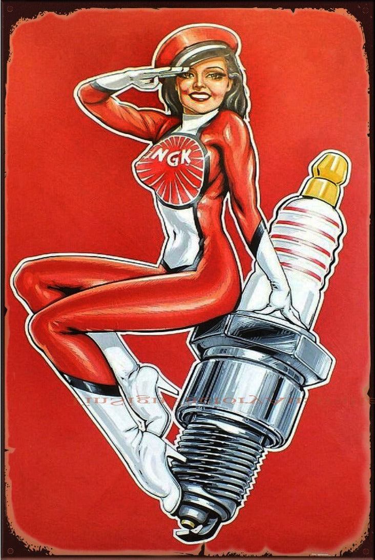 NGK SPARK PLUG PINUP Vintage Retro Rustic Shed Garage Man Cave Metal Sign