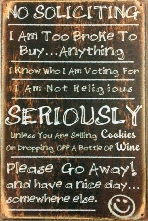 No Soliciting tin metal sign MAN CAVE brand new