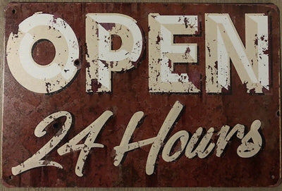 OPEN 24/7 Rustic Vintage Metal Tin Sign Man Cave,Garage,Shed Bar and Home decor