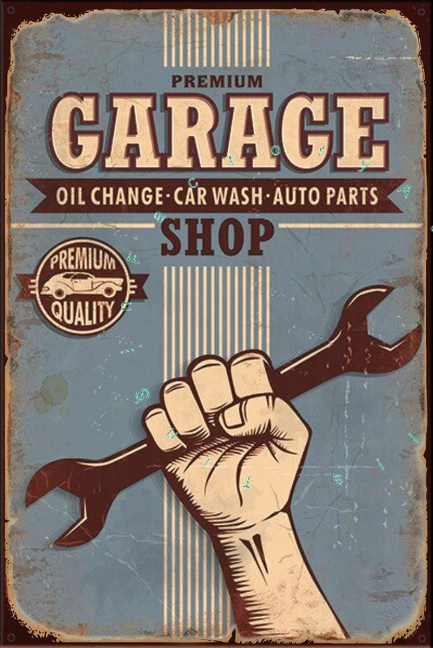 PREMIUM GARAGE SHOP Rustic Look Vintage Shed-Garage and Bar Man Cave Tin Metal Sign