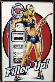 Pin Up Hot FILL UP Rustic Look Vintage Metal Tin Sign Man Cave, Shed and Bar Sign