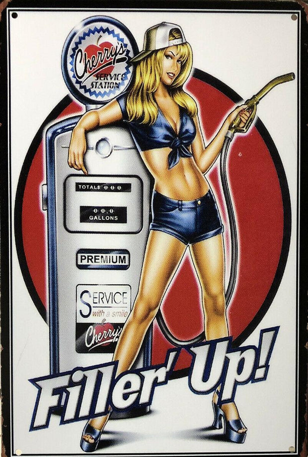 Pin Up Hot FILL UP Rustic Look Vintage Metal Tin Sign Man Cave, Shed and Bar Sign