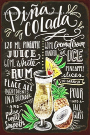 PINA COLADA COCKTAIL RECIPE Rustic Retro/Vintage Home Garage Wall Café Resto or Bar Tin Metal Sign