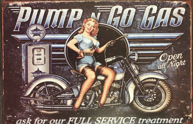 Pump N Go Motorcycle Garage Rustic Vintage Metal Tin Signs Man Cave, Shed and Bar