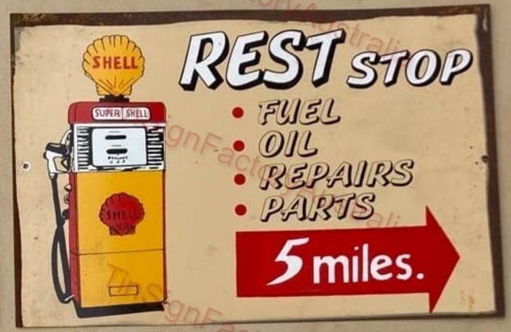 SUPER SHELL REST STOP 20x30 CM Sign | Screen Printed By AUSTRALIAN COMPANY - Tin Sign Factory Australia