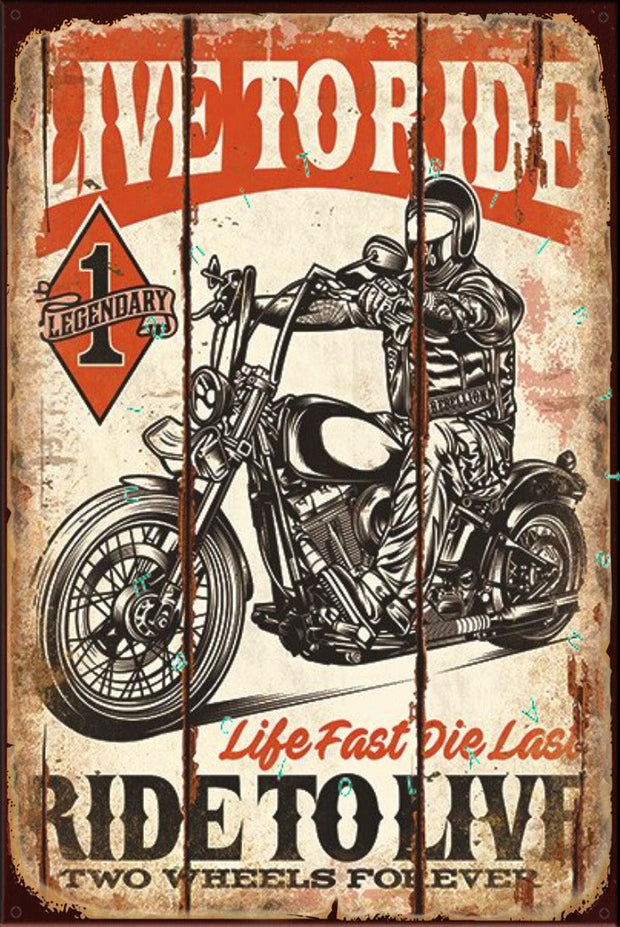 RIDE TO LIVE Rustic Look Vintage Shed-Garage and Bar Man Cave Tin Metal Sign