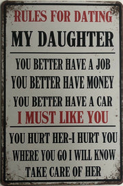 RULES FOR DATING Garage Rustic Vintage Metal Tin Sign Man Cave,Shed and Bar