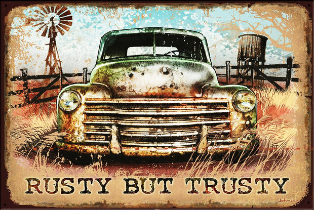 RUSTY BUT TRUSTY Vintage Retro Rustic Garage Man Cave Plaques Metal Sign
