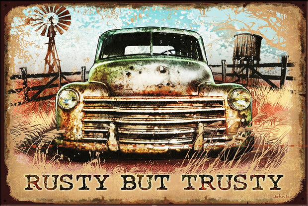 RUSTY BUT TRUSTY Vintage Retro Rustic Garage Man Cave Plaques Metal Sign