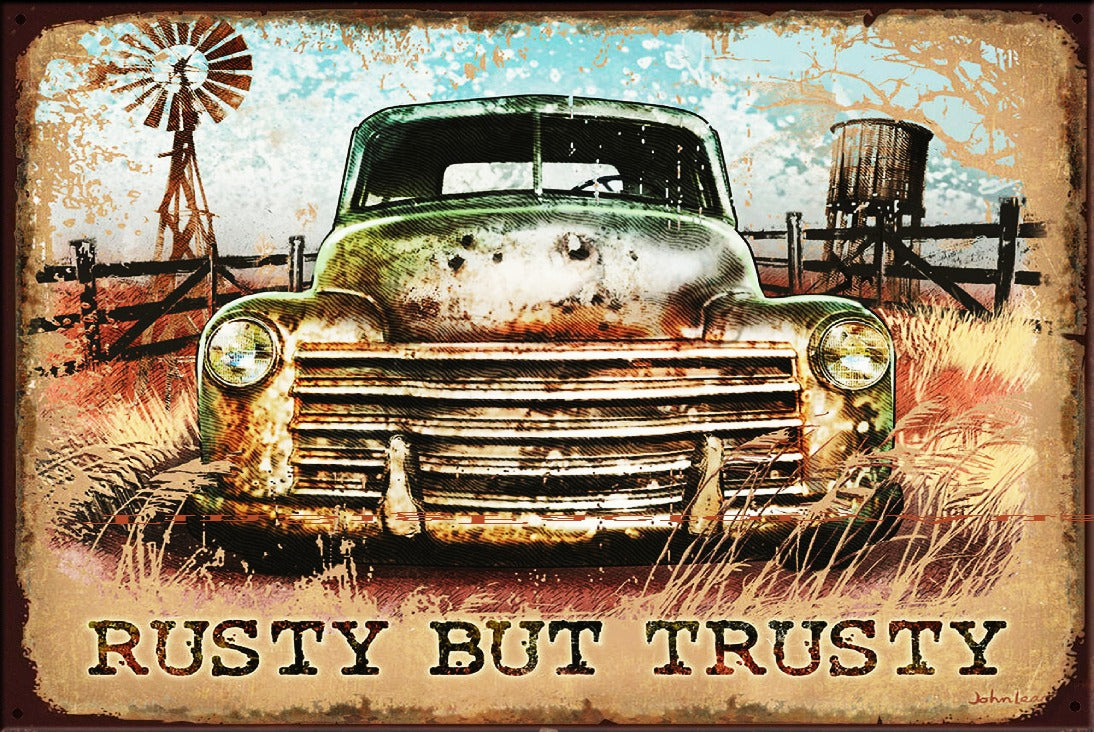 RUSTY BUT TRUSTY Vintage Retro Rustic Garage Man Cave Plaques Metal Sign