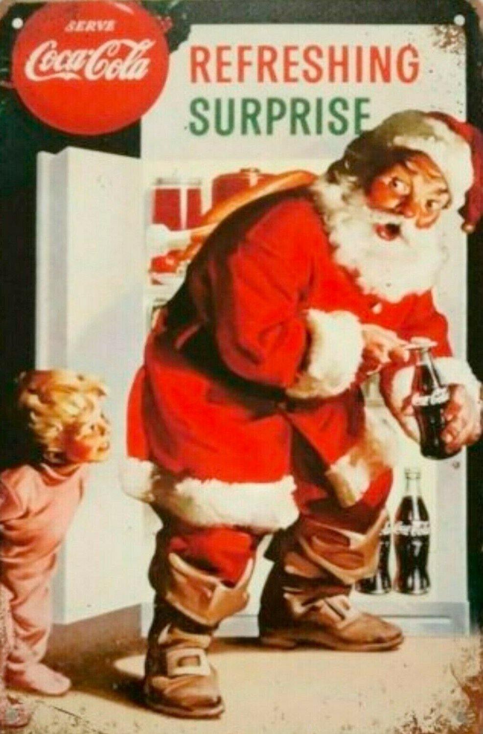 Refreshing Santa Coca Cola Surprise tin metal sign MAN CAVE brand new - Tin Sign Factory Australia
