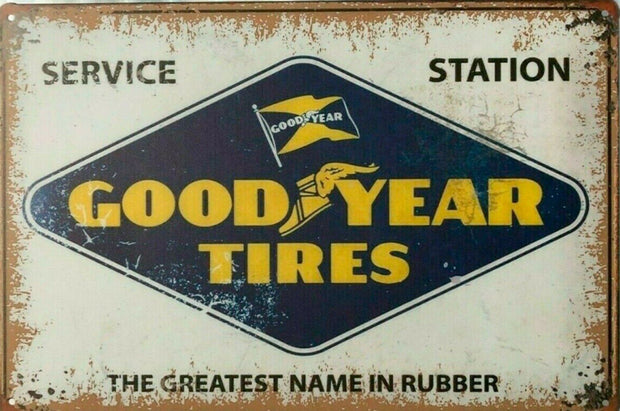 Rustic Goodyear Tyres fitted while tin metal sign MAN CAVE brand new