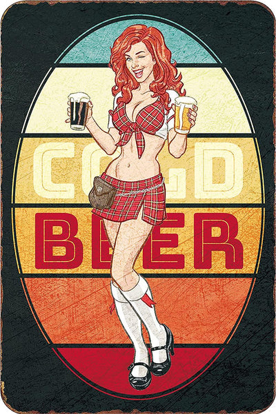SACOINK Pin Up Girl Beer Metal Sign Wall Decor Vintage Tin Sign for Home Bar 12 x8