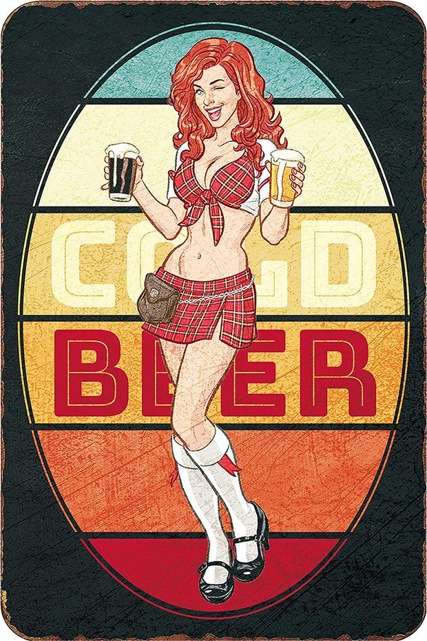 SACOINK Pin Up Girl Beer Metal Sign Wall Decor Vintage Tin Sign for Home Bar