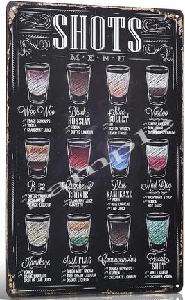 SHOTS MENU Retro/ Vintage Home Restaurant Décor, Shed-Garage and Bar Tin Metal Sign