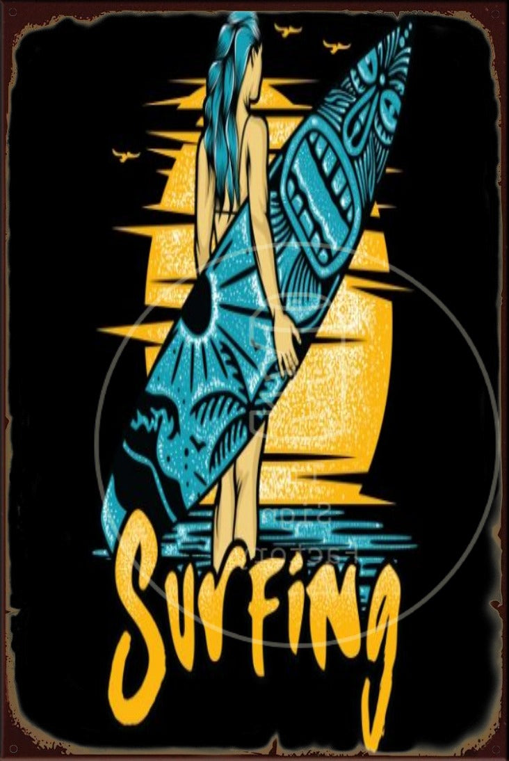 SURFING Rustic Look Vintage Shed-Garage and Bar Man Cave Tin Metal Sign