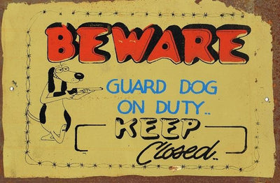Beware guard dog on duty metal sign 20 x 30 cm free postage - TinSignFactoryAustralia