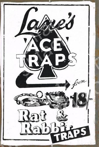 Lanes Rat and Rabbit Trap rustic metal sign