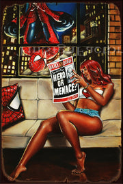 SPIDERMAN HERO OR MENACE Vintage Retro Rustic Garage Man Cave Metal Sign