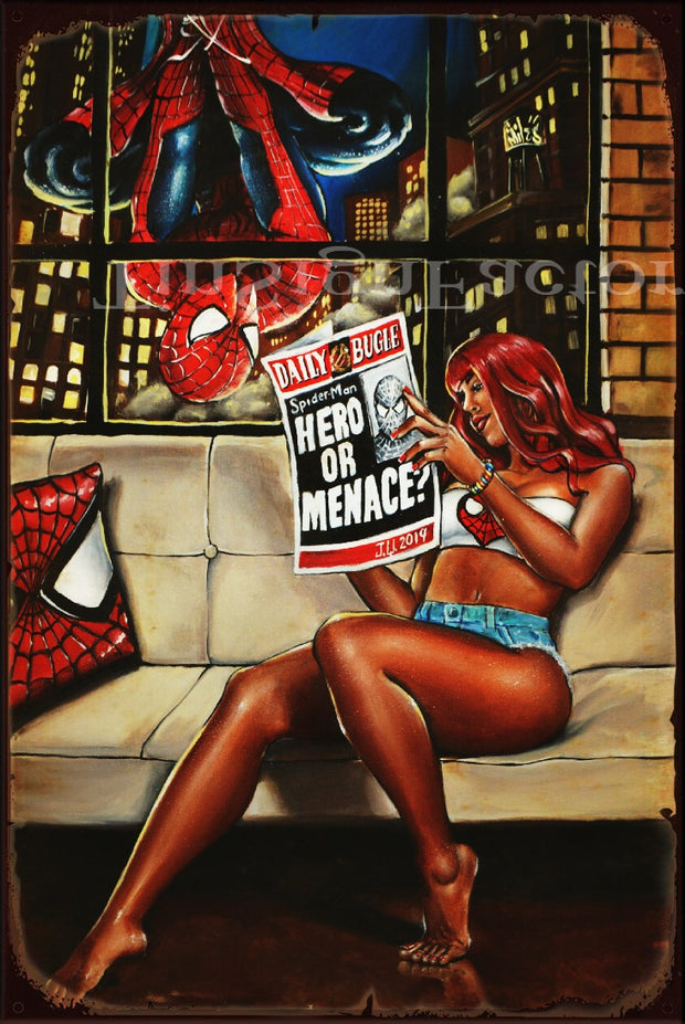 SPIDERMAN HERO OR MENACE Vintage Retro Rustic Garage Man Cave Metal Sign