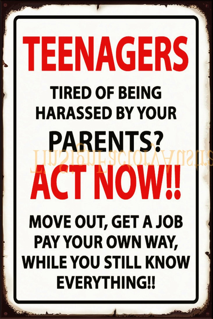 TEENAGERS ACT NOW Vintage Retro Rustic Garage Man Cave Metal Sign