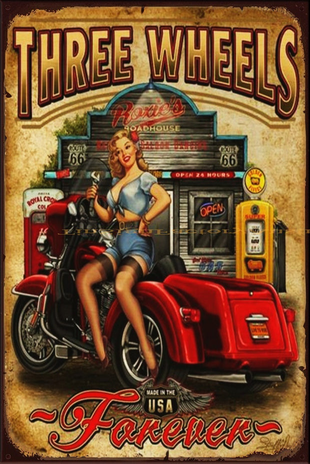 THREE WHEELS SEXY PINUP Vintage Retro Rustic Garage Man Cave Metal Sign