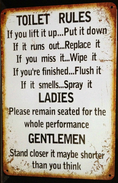 TOILET RULES Garage Rustic Look Vintage Tin Metal Signs Man Cave, Shed and Bar Pub
