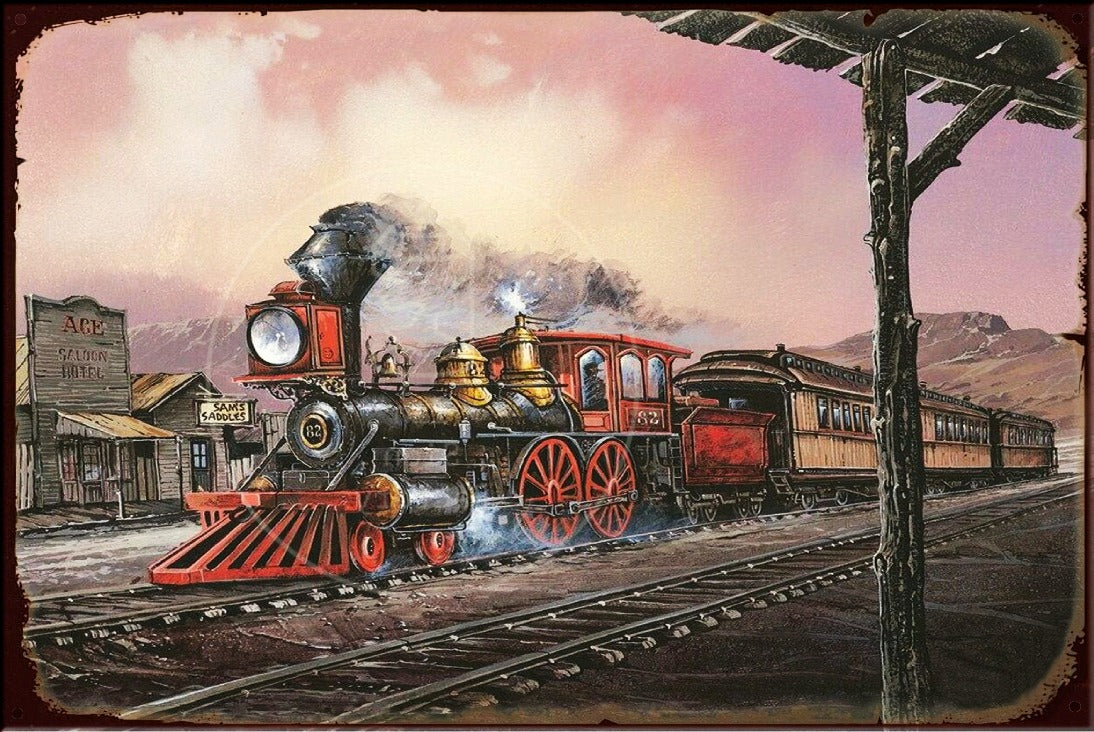 TED BAYLOCK: #82 ROLLIN THRU (TRAIN) Vintage Retro Rustic Garage Metal Sign