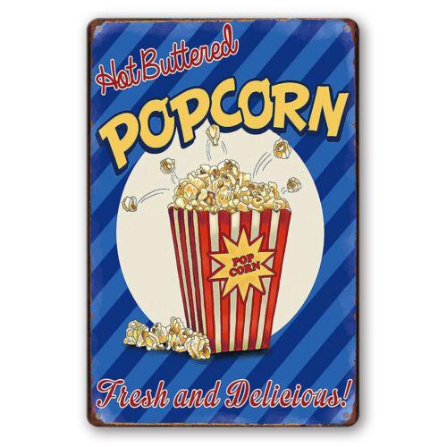 Popcorn “Fresh and Delicious” Tin Sign – Hot Buttered | Rustic Mancave Decor - Tin Sign Factory Australia