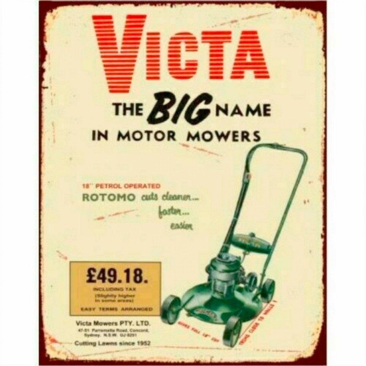 Victa Motor Mowers brand new tin metal sign MAN CAVE - Tin Sign Factory Australia
