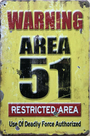 WARNING AREA 51 Garage Rustic Vintage Metal Tin Sign Man Cave,Garage,Shed Bar