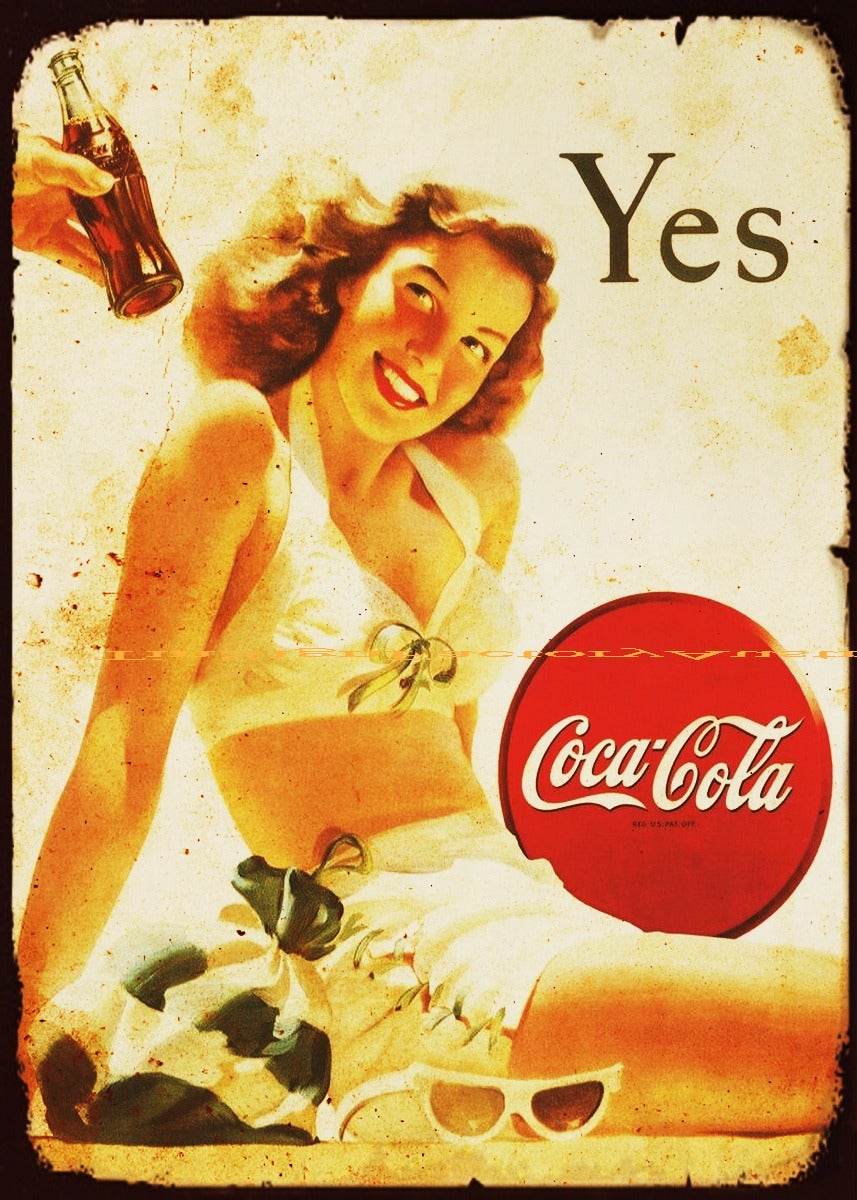 VINTAGE COCA-COLA BEACH GIRL Retro Rustic Look Garage Room Wall Décor Tin Metal Sign Man