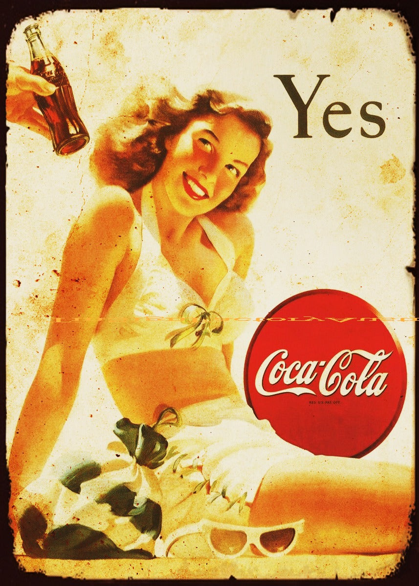 VINTAGE COCA-COLA BEACH GIRL Retro Rustic Look Garage Room Wall Décor Tin Metal Sign Man