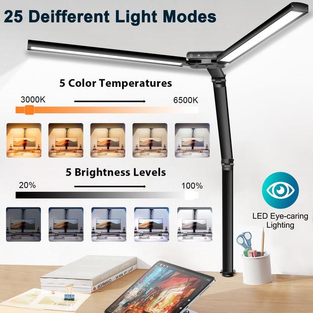 "Modern LED Architect Desk Lamp with Auto Dimming Sensor - Perfect for Office, Reading, and Painting - Adjustable Brightness and Color Temperature - Sleek Design with Double Head Workbench Metal Clamp - Includes 40Min Timer"