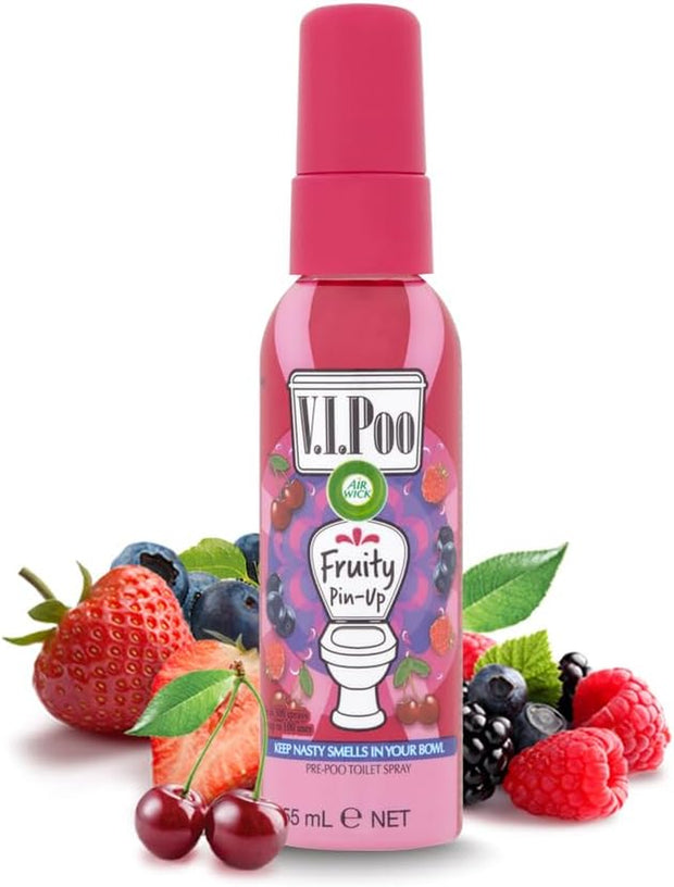 "Introducing V.I.Poo Fruity Pin Up Toilet Pre-Poo Spray - Say Goodbye to Unpleasant Odors!"