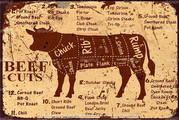 BEEF CUTS Retro/ Vintage Tin Metal Sign Man Cave, Wall Home Décor, Shed-Garage, and Bar