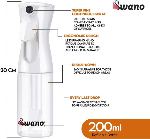 "Swano 200ML White Continuous Mist Hair Spray Bottle - Perfect for Styling and Cleaning"