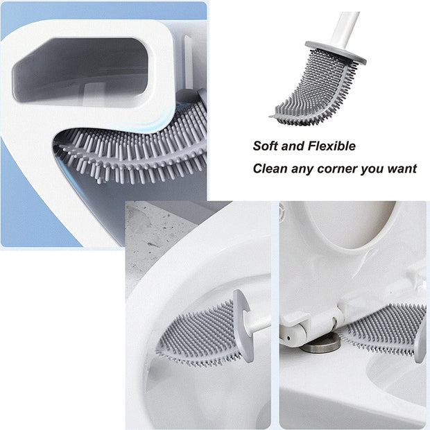 "Effortless Clean Silicone Toilet Brush Set - Soft Bristles, Wall Mount Holder, Elegant White Design"