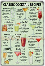 CLASSIC COCKTAIL RECIPES Rustic Retro/Vintage  Home Garage Wall Cafe Resto or Bar Tin Metal Sign