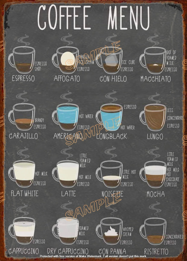 COFFEE MENU Retro/ Vintage Tin Metal Sign Man Cave, Wall Home Décor, Shed-Garage, and Bar