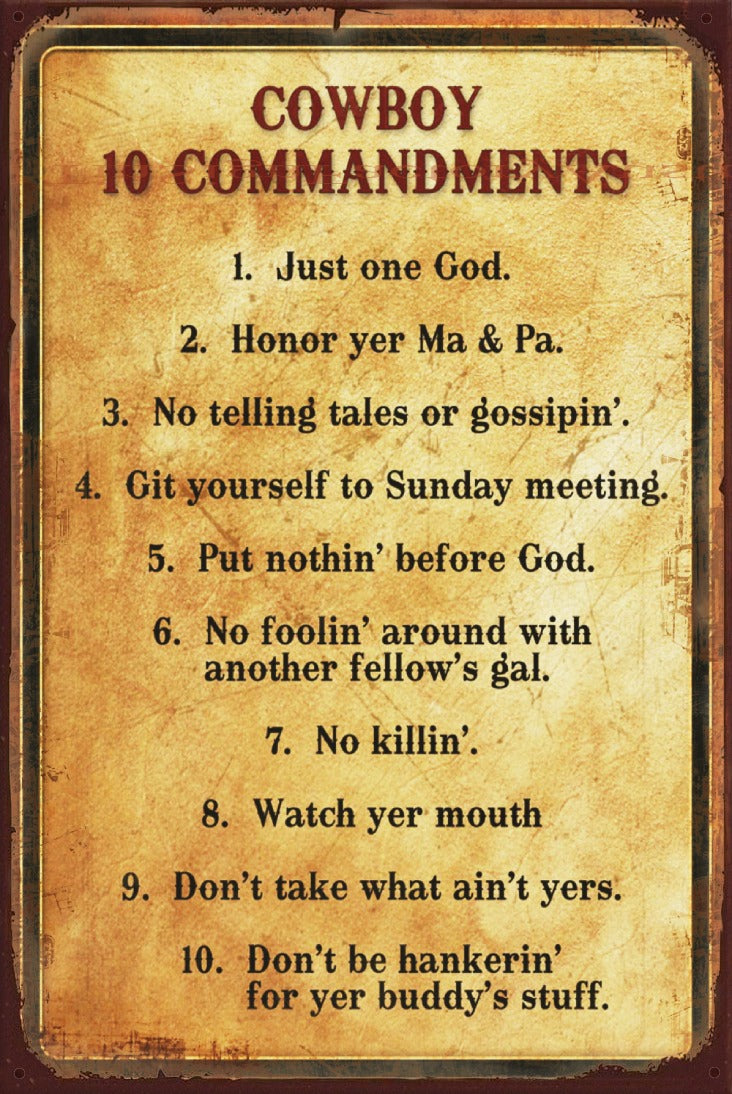 COWBOY 10 COMMANDMENTS Vintage Retro Rustic Garage Wall Man Cave Metal Sign