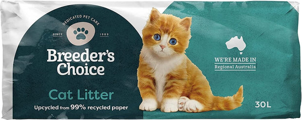 "Introducing Breeders Choice Odour Control Cat Litter - 30L of Lightweight Recycled Paper Excellence!"