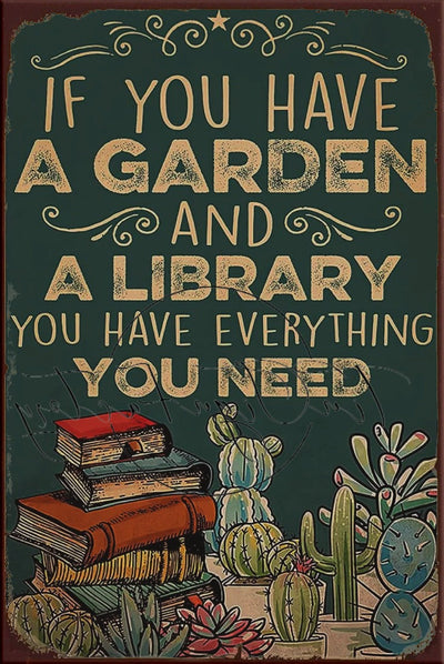 GARDEN AND LIBRARY Retro/ Vintage Tin Metal Sign Man Cave, Wall Home Décor, Shed-Garage, and Bar