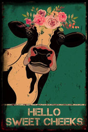 HELLO SWEET CHEEKS-COW Funny Bathroom Retro/ Vintage Wall Poster Home Office Workplace Restaurant Farmhouse Toilet Tin Metal Sign